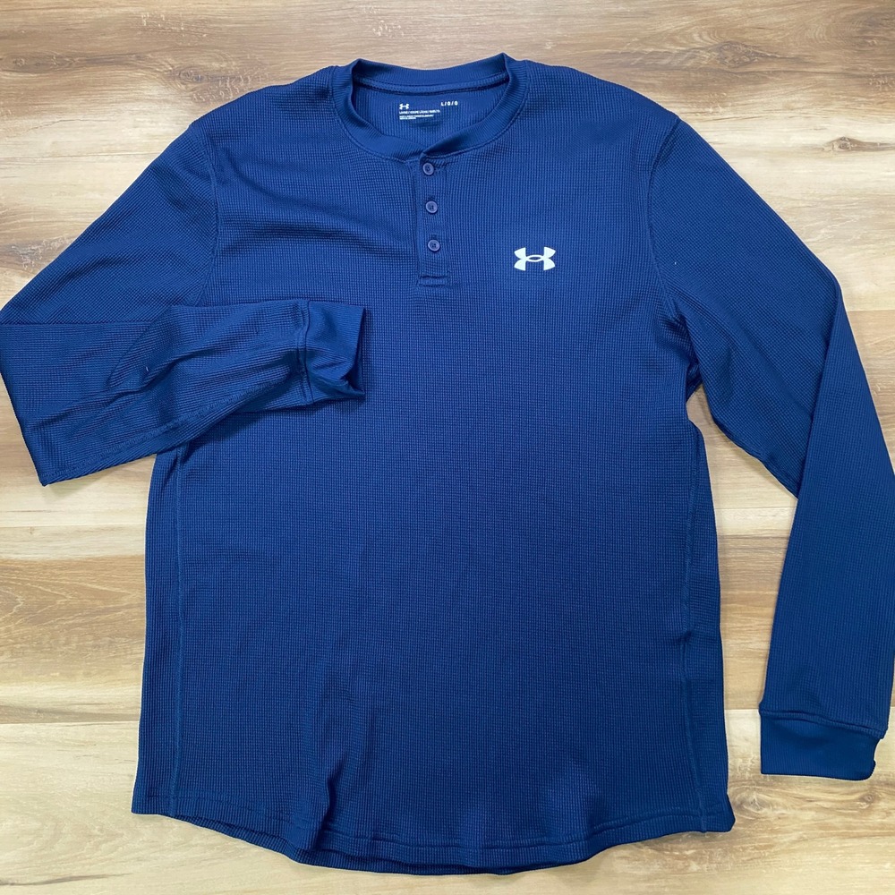 Under Armour Henley Shirt Large Waffle Knit Loose Fit Blue Long Sleeve 1302356